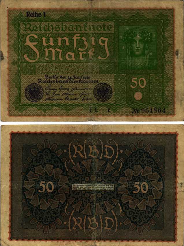 ГЕРМАНИЯ 50 МАРОК 1919 24 ИЮНЯ 1919, REIHE I, СЕРИЯ IL, ВЫПУСК С НОЯБРЯ 1919 ГОДА Pick 66, Rosenberg 62аа бумага 444-151-1