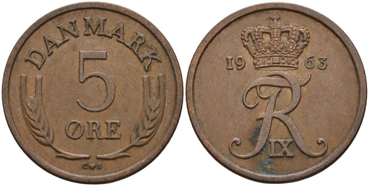 Дания 5 эре 1963 C; S, Фредерик IX (1947-1972) KM 848 бронза 4525-155