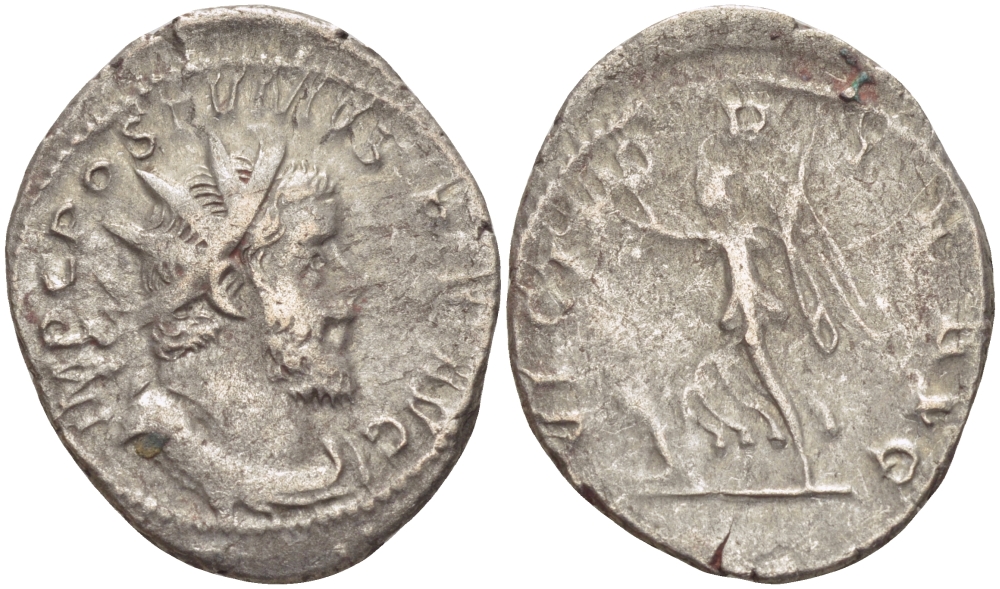 Римская Империя (императоры в Галлии) антониниан 260 - 269 Постум. IMP C POSTVMVS P F AVG / VICTORIA AVG, Виктория с венком и пальмовой ветвью, у ног пленник, Колония Агриппины, Good Very fine RIC 89 биллон 1073-13-76