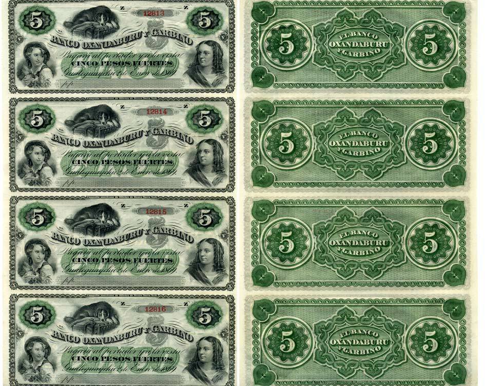 Аргентина, Banco Oxandaburu y Garbino 5 песо 1869 неразрезанный блок из 4 банкнот. Fuerte peso Pick S1792  бумага  UNC (пресс) 7551-47-1-1