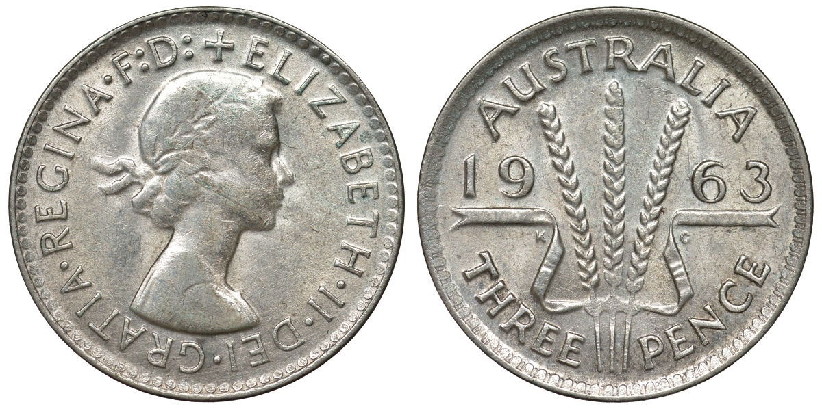 Австралия 3 пенса 1963 m, Елизавета II (1952-2022) KM 57 серебро 71-839
