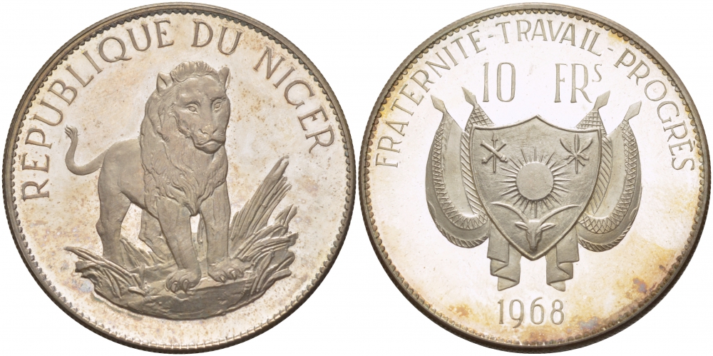Нигер 10 франков 1968 лев, с чертой над Е, в слове Republique, тираж 1000 экземпляров KM 8.1 серебро PROOF 01-173-23