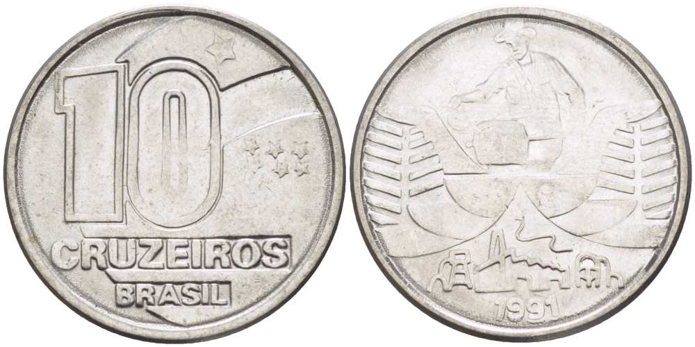 Бразилия 10 крузейро 1990 золотодобыча KM 619.1 нержавеющая сталь 4364-613