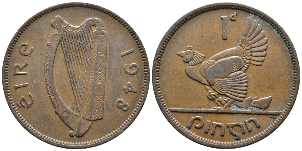 ИРЛАНДИЯ 1 ПЕННИ 1948 КУРИЦА С ЦЫПЛЯТАМИ KM 11 бронза 4110-325