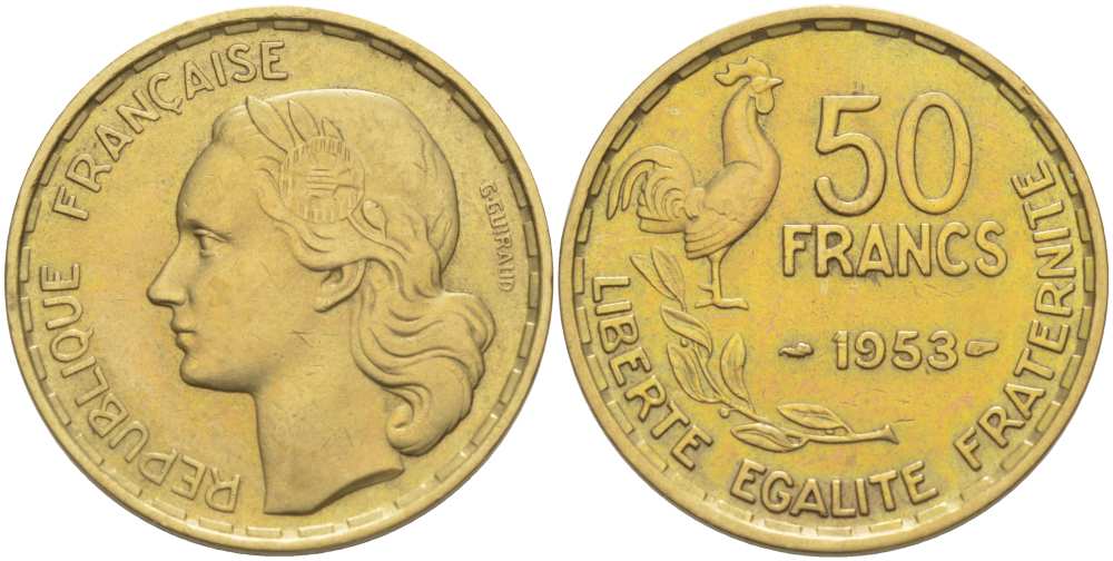 ФРАНЦИЯ 50 ФРАНКОВ 1953 ПЕТУХ KM 918.1, LE FRANC 425.10 алюминиевая бронза 215-641