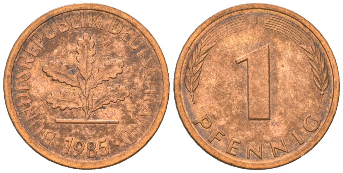 ФРГ 1 пфенниг 1985 J KM 105, J. 380 сталь плакированная медью aUNC 4615-322