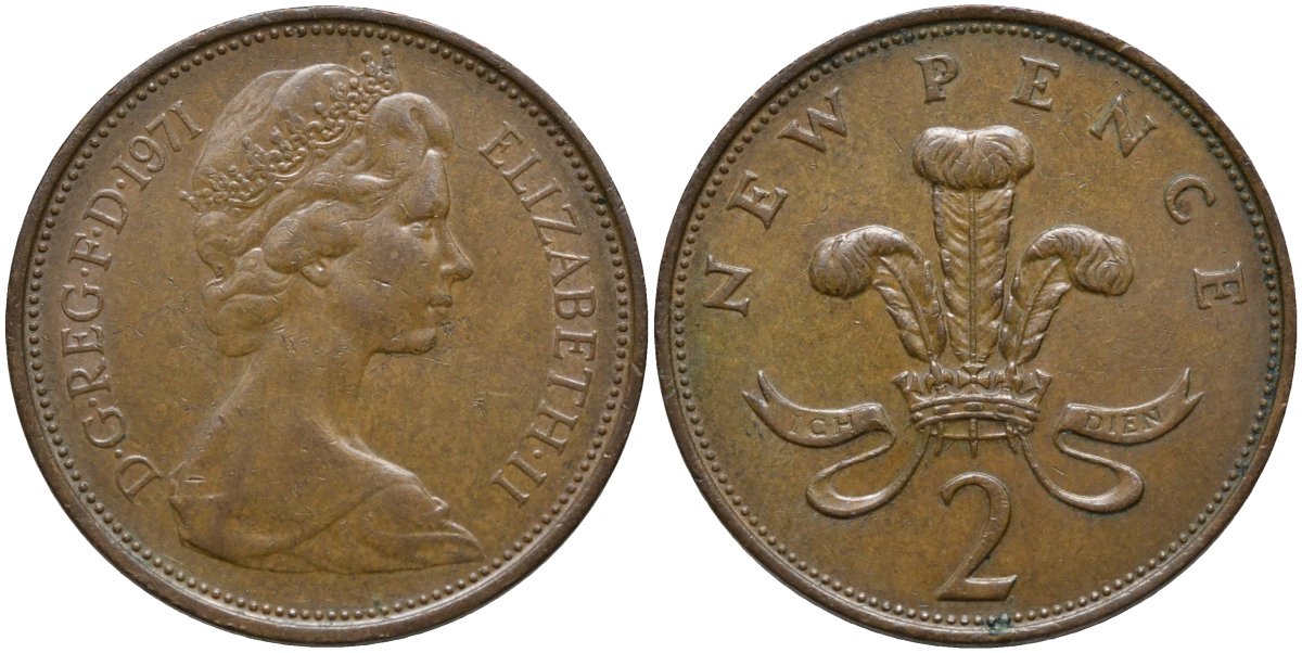 Великобритания 2 пенса 1971 Елизавета II (1952-2022) KM 916, Spink 4235 (C1) бронза 4171-637