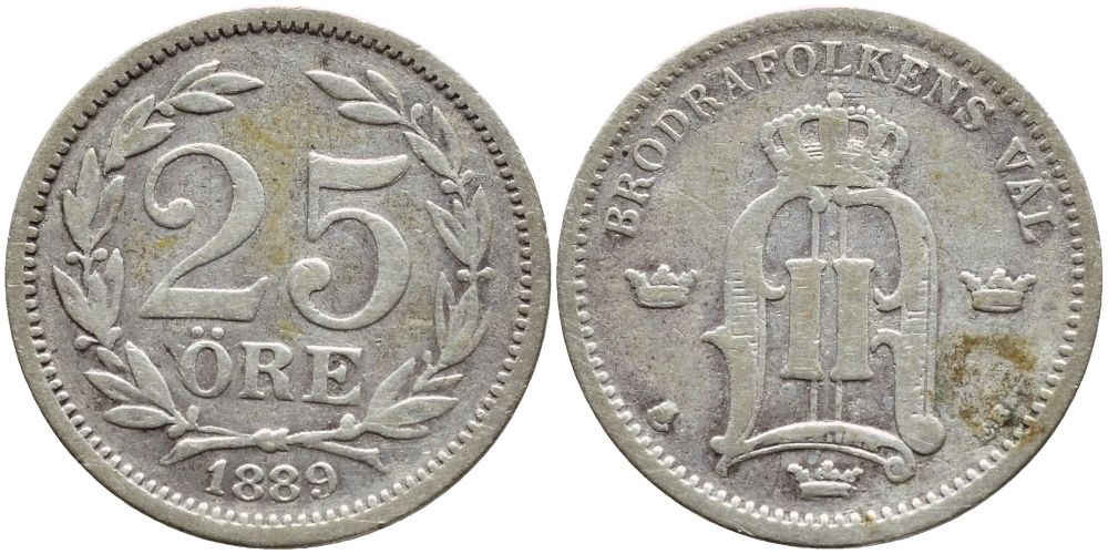 Швеция 25 эре 1889 EB, Оскар II (1872-1907) король Швеции и Норвегии KM 739 серебро 1530-613