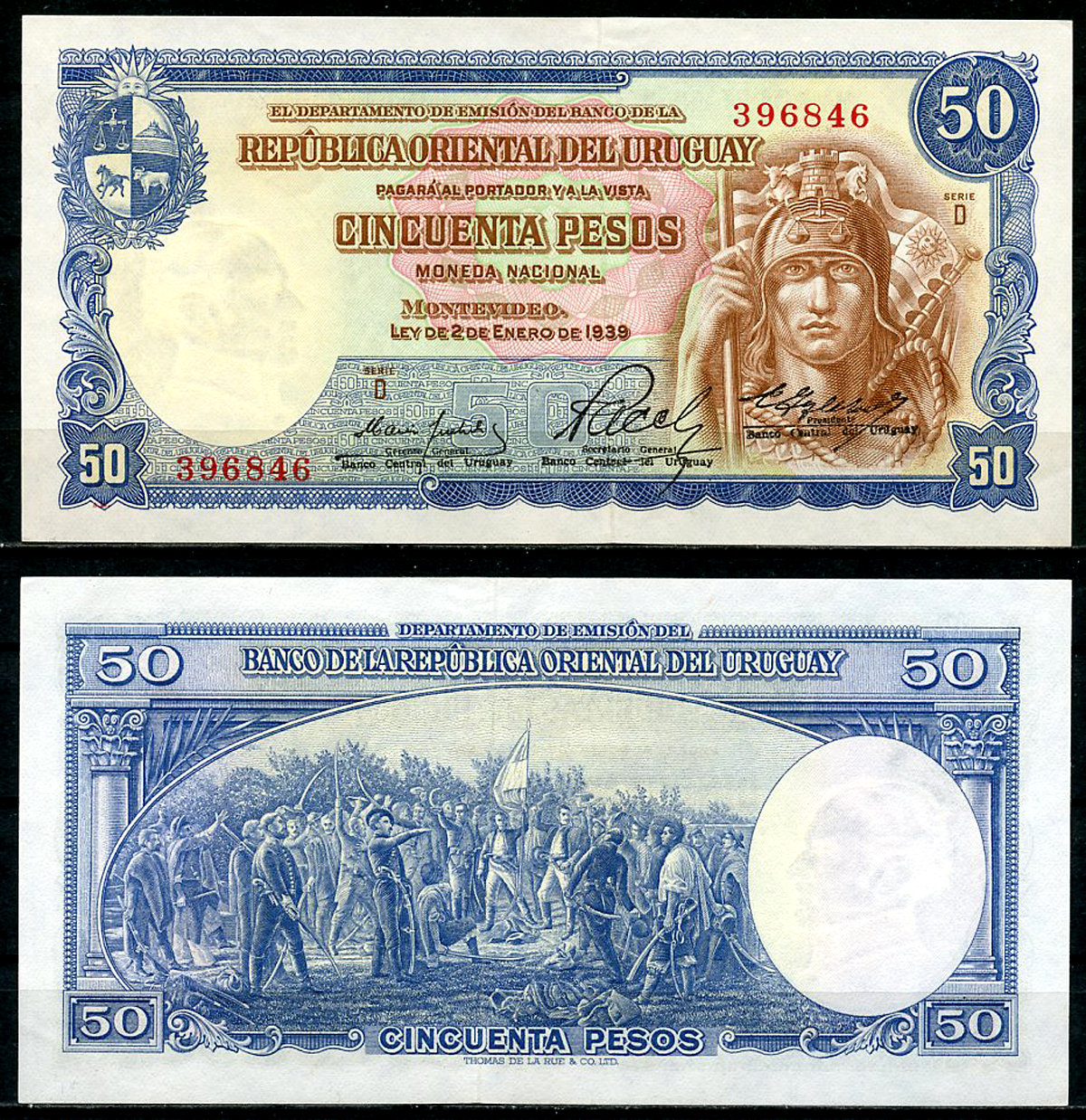 Уругвай 50 песо 1939 клятва 33 Ориенталес, серия D, номер 396ххх Pick 42A a  бумага   451-442-1