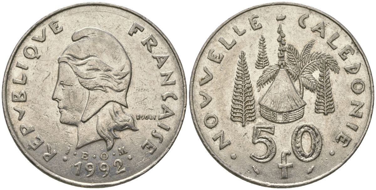 Французская Новая Каледония 50 франков 1992 хижина среди сосен и пальм, (IEOM) KM 13, Schoen 15, Lec 121 никель 111-531