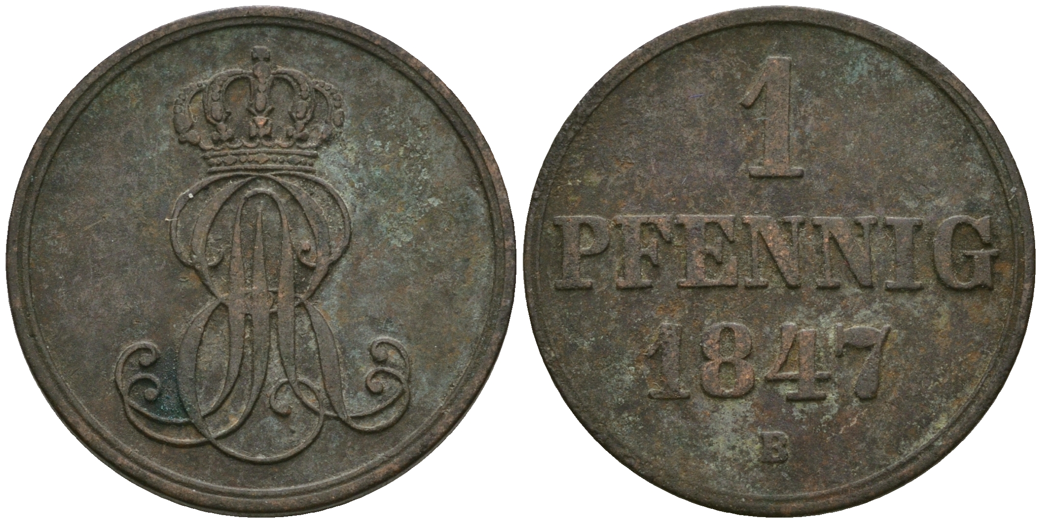 Ганновер 1 пфенниг 1847 B, Эрнст Август (1837-1851) KM 201.1, AKS 129, J. 74 медь 08-1329