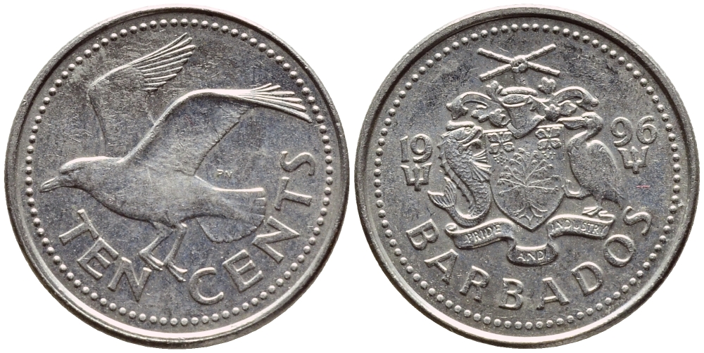 Барбадос 10 центов 1996 смеющаяся (Ацтекская) чайка KM 12 медно-никель 4396-1234