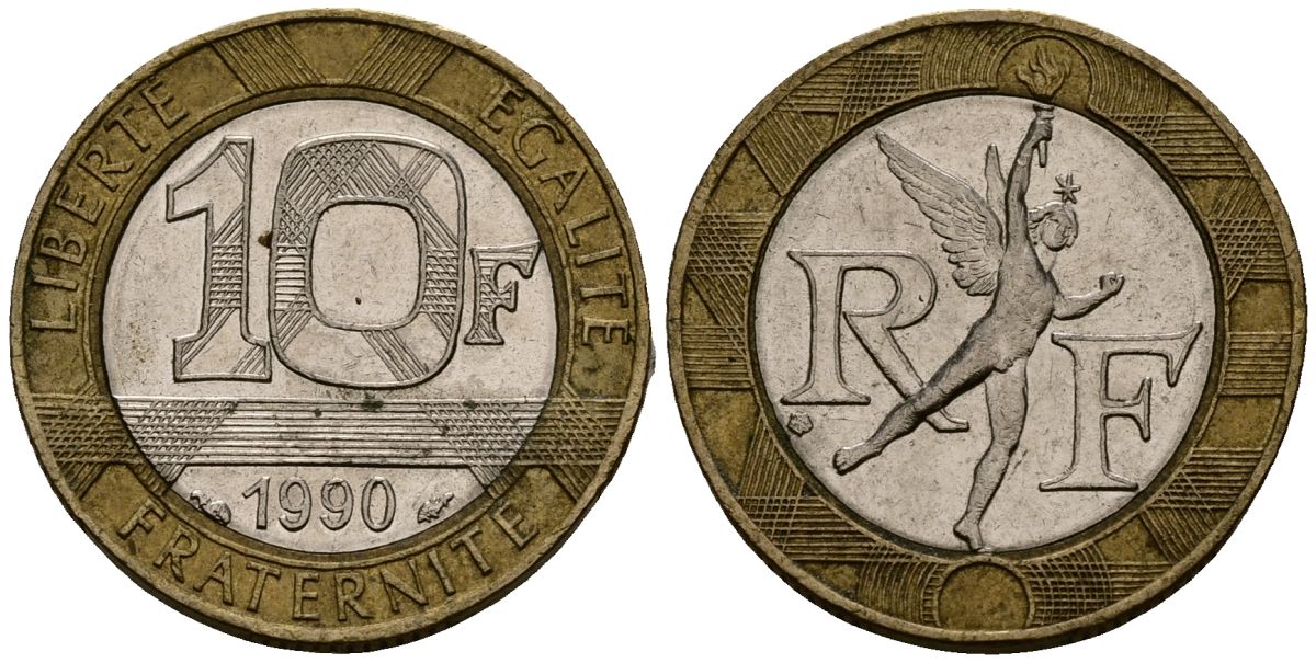 Франция 10 франков 1990 тип Гений Бастилии KM 964.1, Le Frank 375.5 биметалл 4138-331
