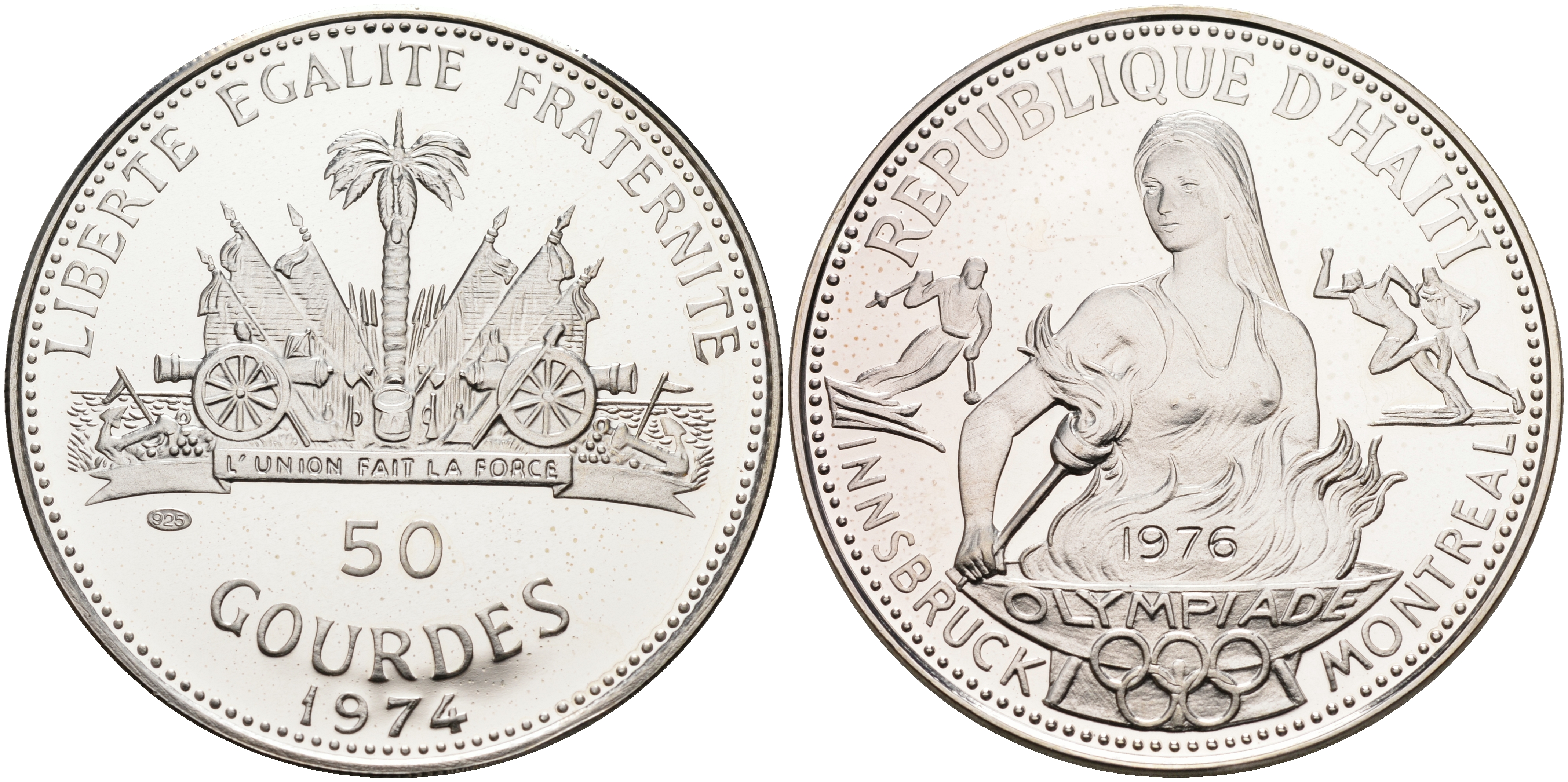 Гаити 50 гурдов 1974 Олимпийские игры 1976 года в Инсбруке, Канада KM 114 серебро PROOF 1069-3-53