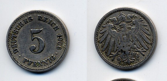 ГЕРМАНИЯ 5 ПФЕННИГОВ 1906 A, KM 11, J. 12 медно-никель 84-369