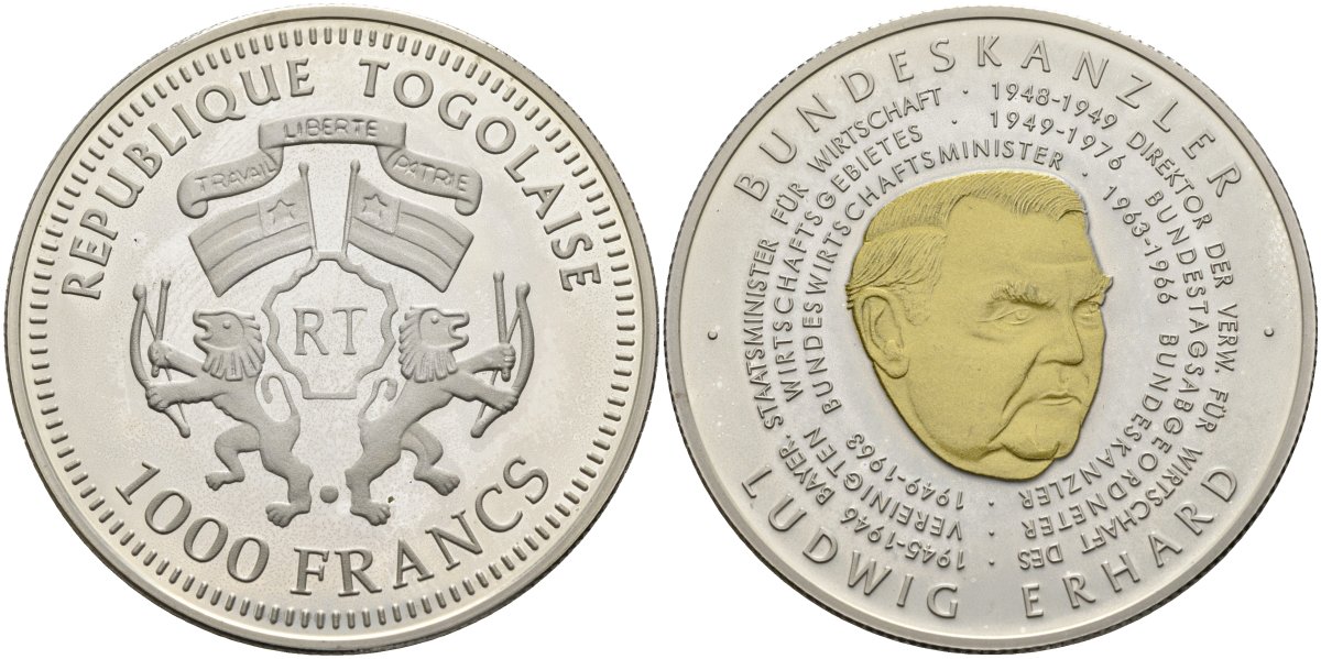 Того 1000 франков 2005 канцлер Германии, Людвиг Эрхард (1963-1966), позолота серебро PROOF 04-318-32