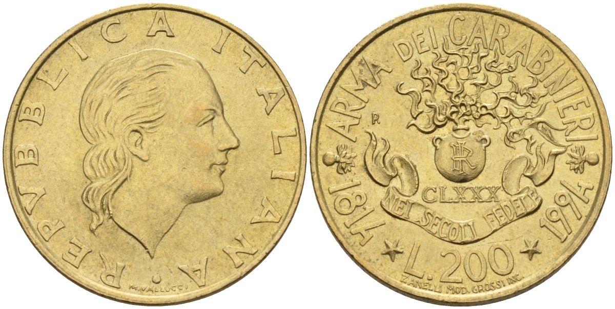 Италия 200 лир 1994 R, 180 лет карабинерам KM 164 алюминиевая бронза 4126-123