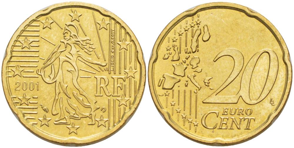 Франция 20 евроцентов 2001 KM 1286 латунь UNC 4544-623