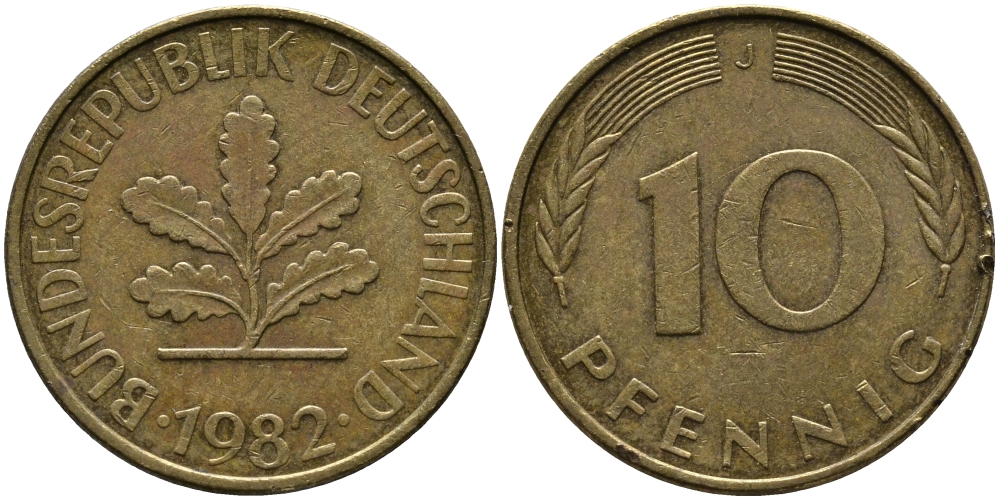 ФРГ 10 ПФЕННИГОВ 1982 J KM 108, J.383 сталь плакированная латунью 33-152