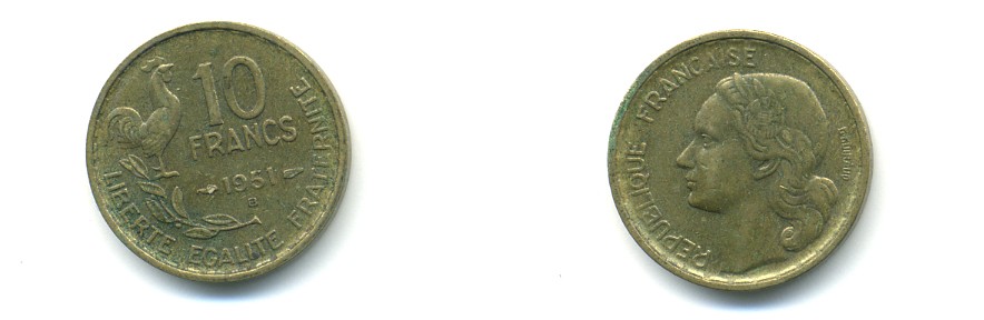 Франция 10 франков 1951 B, петух KM 915.2, Le Franc 363.5 алюминиевая бронза 80-646