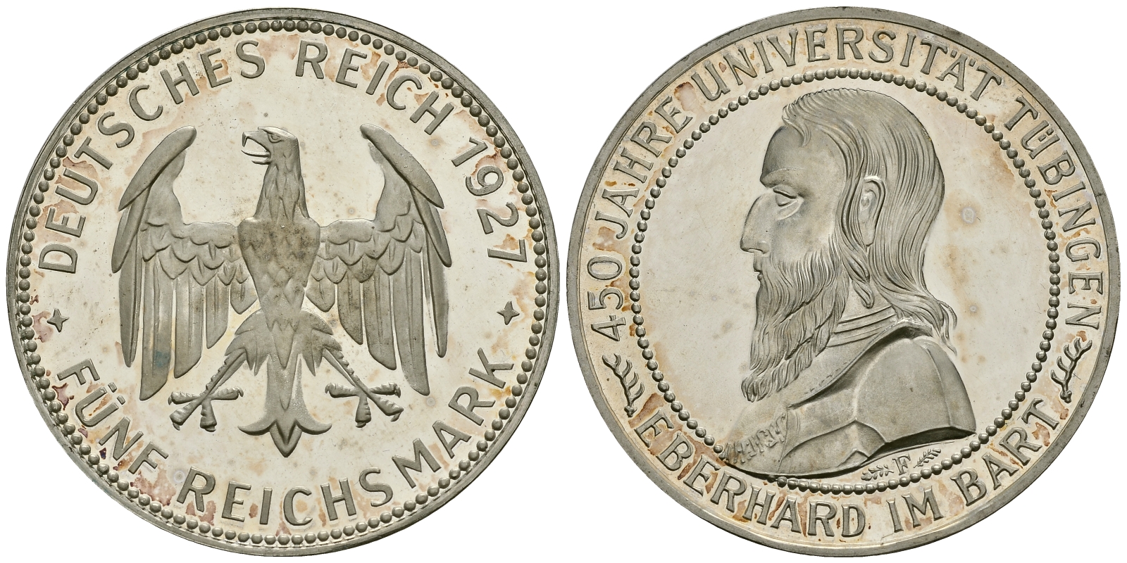 Германия 5 марок 1927 F, 450 лет Университету Тюбингена J.329, KM 55 серебро PROOF 00-000-00