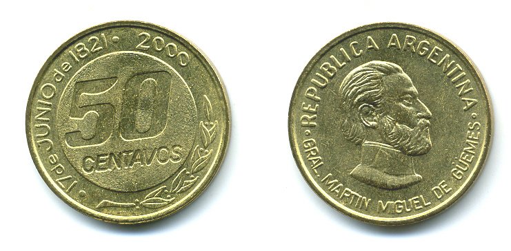 Аргентина 50 сентаво 2000 179 лет со дня смерти генерала Мартина Мигела де Гемеса KM 129 алюминиевая бронза  UNC   36-225