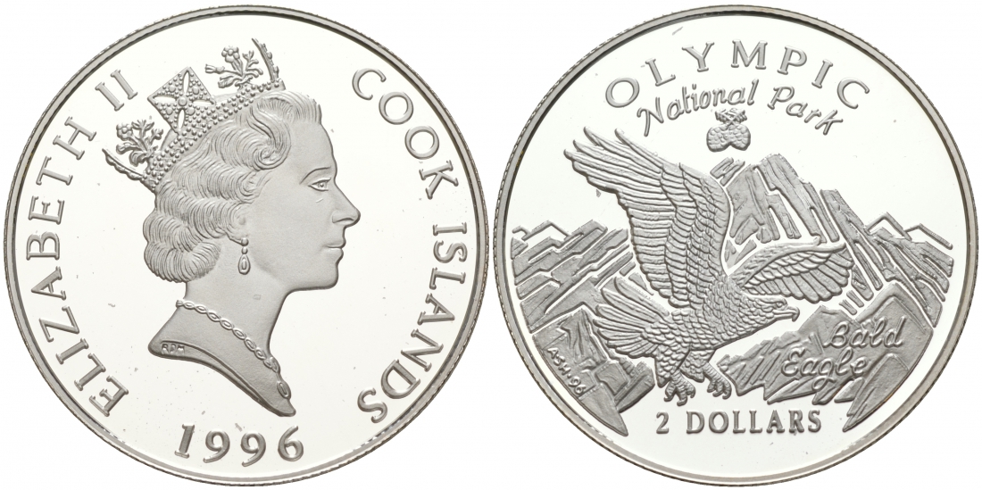Острова Кука 2 доллара 1996 серия национальные парки, Олимпик, летящий орел KM 280 серебро PROOF 1087-9-24