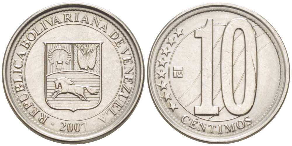 ВЕНЕСУЭЛА 10 СЕНТИМО 2007 KM 89 сталь плакированная никелем 217-745