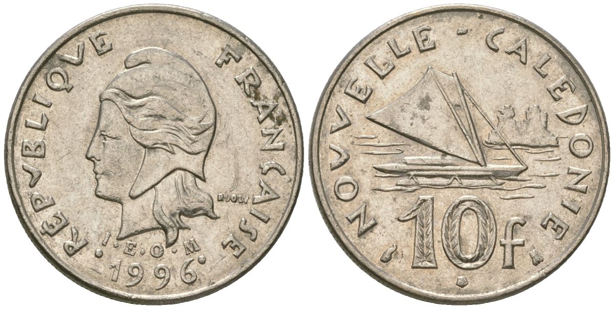 Французская Новая Каледония 10 франков 1996 рыбачья парусная лодка, (IEOM) KM 11, Schoen 13, Lec 99a никель 54-2146
