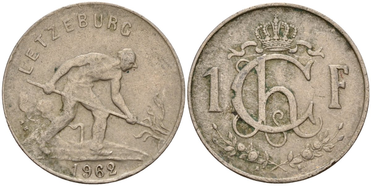 Люксембург 1 франк 1962 сталевар KM 46.2 медно-никель 4597-1143