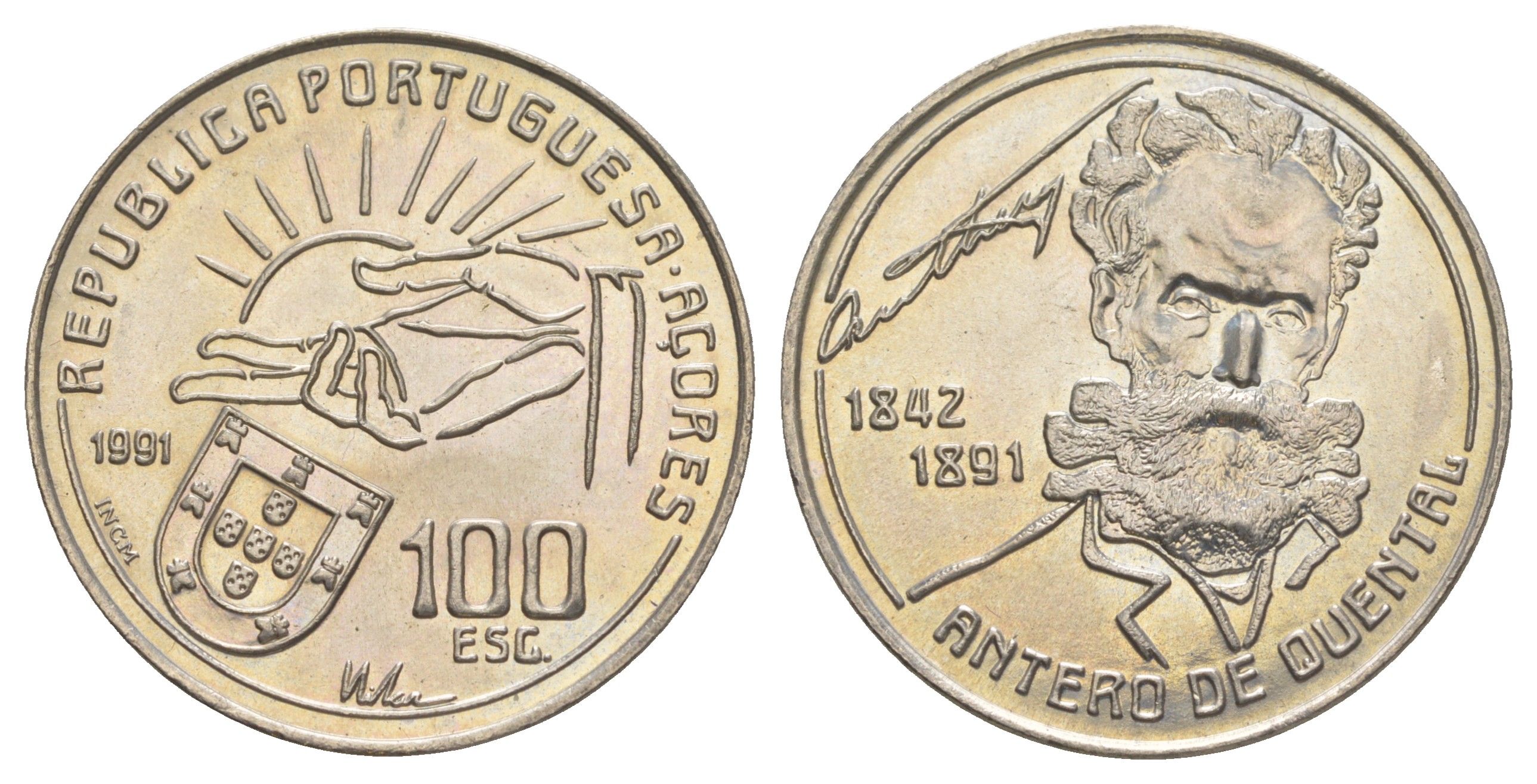 Португалия, Азорские острова 100 эскудо 1991 100 лет со дня смерти Антеру де КенталАвтономный регион Асориш, KM 46 медно-никель UNC 4185-431