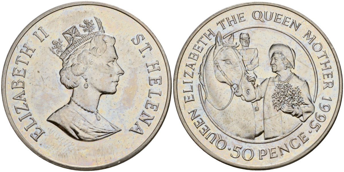 Остров Святой Елены 50 пенсов 1995 PM, 95 лет со дня рождения Королевы Матери, с лошадьми KM 14 медно-никель UNC 4125-925