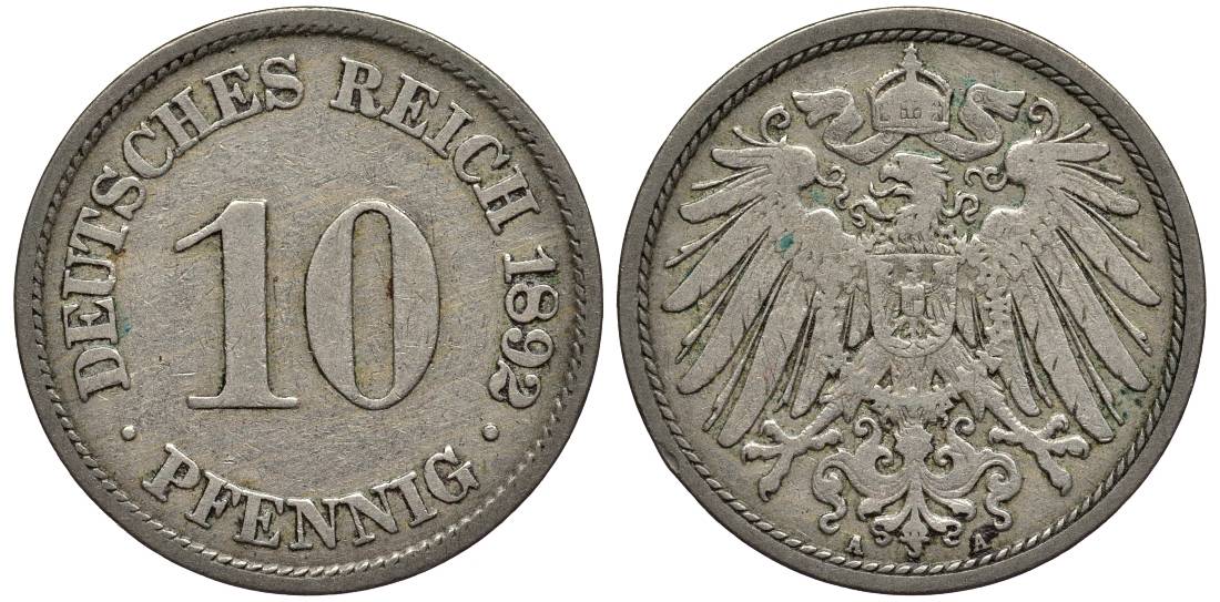ГЕРМАНИЯ 10 ПФЕННИГОВ 1892 A KM 12, Jager 13, Weege 8 медно-никель 4513-753