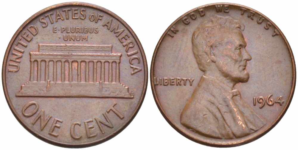 США 1 ЦЕНТ 1964 ЛИНКОЛЬН KM 201 медь цинк 105-641