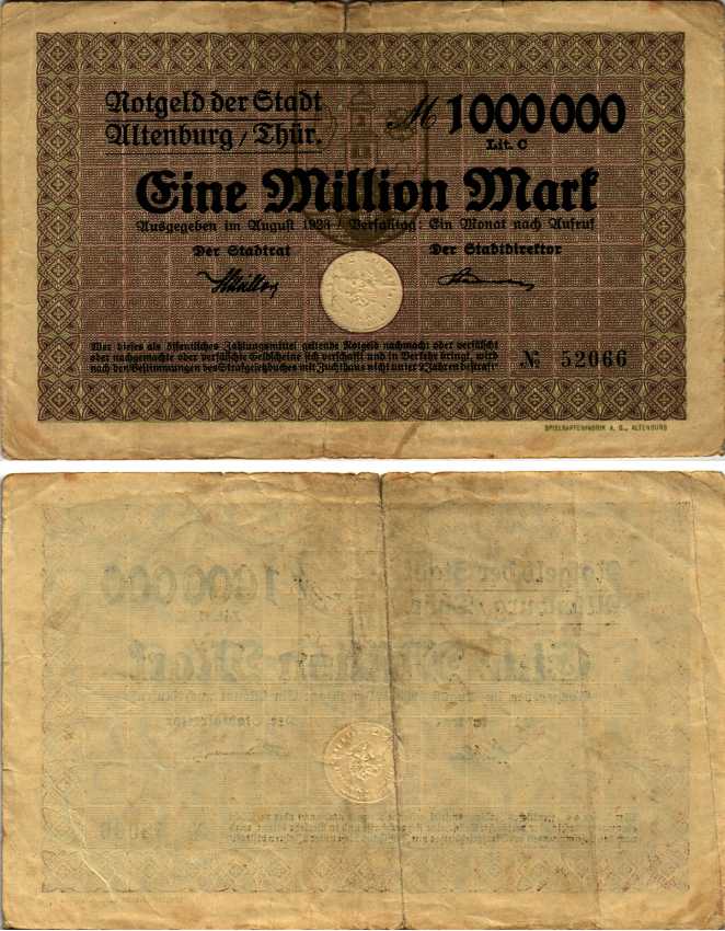 ГЕРМАНИЯ 1000000 МАРОК 1923 АВГУСТ 1923, ГОРОД АЛЬТЕНБУРГ В ТЮРИНГИИ, НОТГЕЛЬД бумага 444-147-1