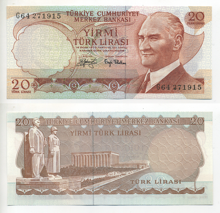 ТУРЦИЯ 20 ЛИР 1974 ПОДПИСЬ ЧЕРНАЯ, ПРЕЗИДЕНТ КЕМАЛЬ АТАТЮРК, МАВЗОЛЕЙ АТАТЮРКА А АНКАРЕ Pick 187a бумага UNC (ПРЕСС) 7214-42-1