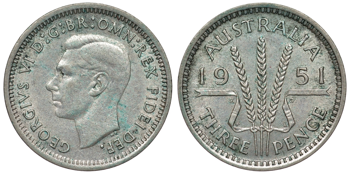 Австралия 3 пенса 1951 m, Георг VI (1937-1952), без букв KM 44 серебро 71-262