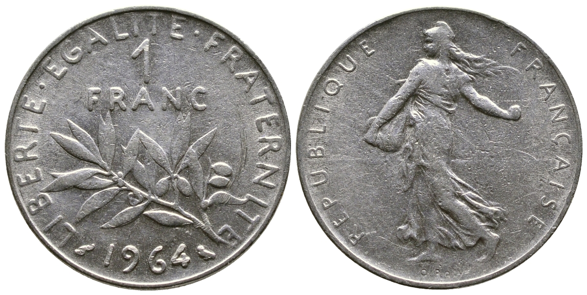 Франция 1 франк 1964 сеятель KM 925.1, Le Franc 226.8 никель 51-4342