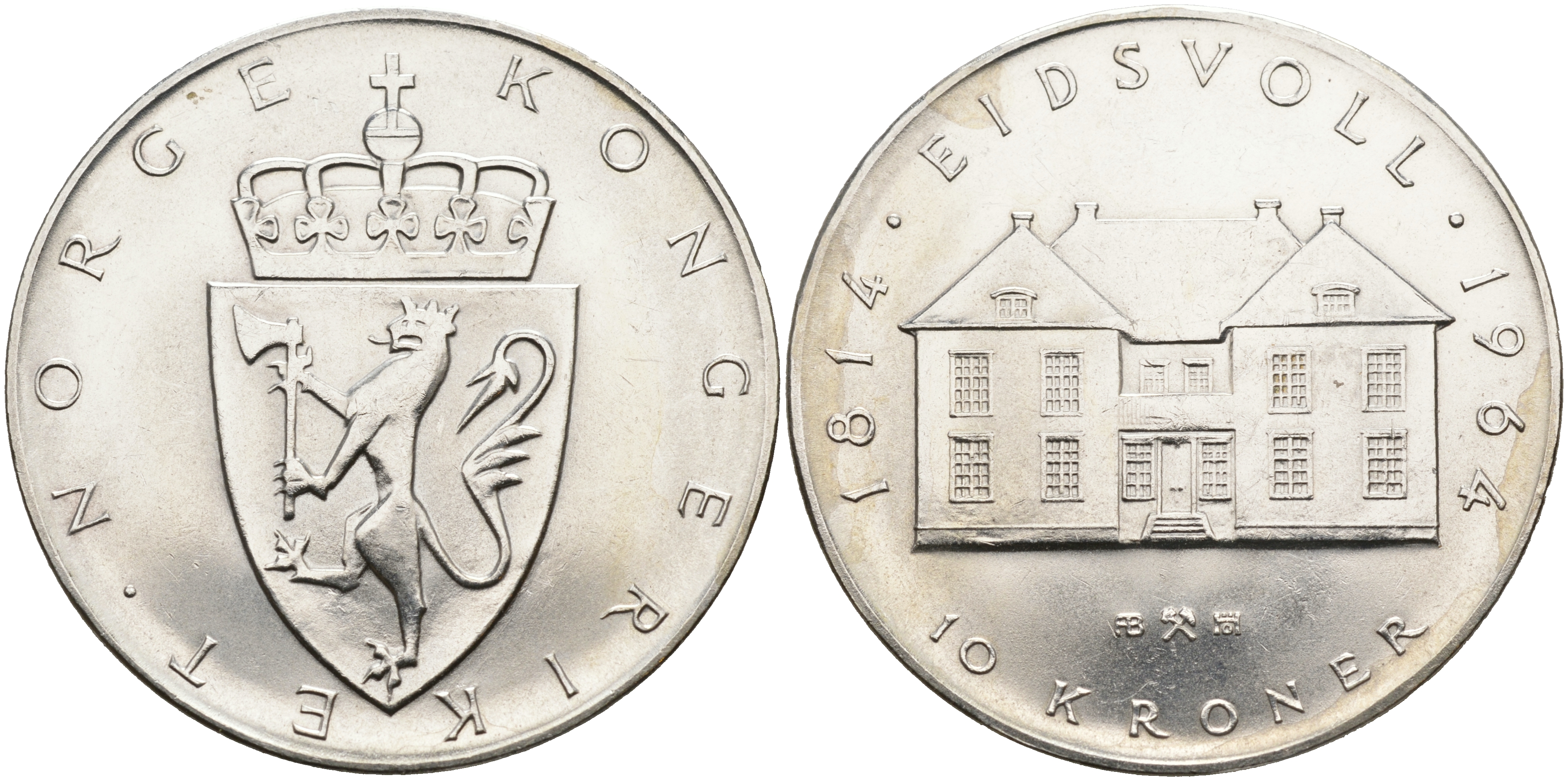 Норвегия 10 крон 1964 150 лет Конституции КМ 413 серебро 4552-312