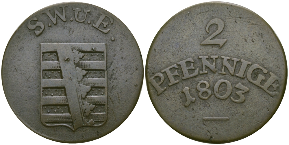 Саксен-Веймар-Эйзенах 2 пфеннига 1803 S.W.U.E., Карл Август (1758-1809-1828) KM 58 с, Slg. Merseburger 4012, Koppe 615 медь    65-541