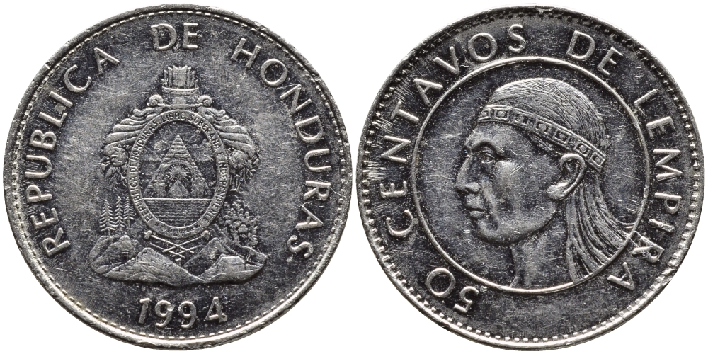 Гондурас 50 сентаво 1994 бюст касика Лемпира KM 84а.1 сталь плакированная никелем 4390-147