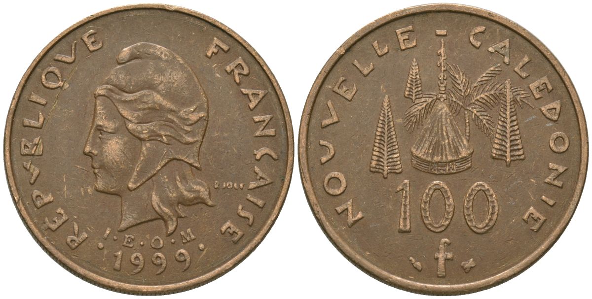 Французская Новая Каледония 100 франков 1999 хижина среди сосен и пальм, (IEOM) KM 15, Schoen 16, Lec 139c никель бронза 97-114