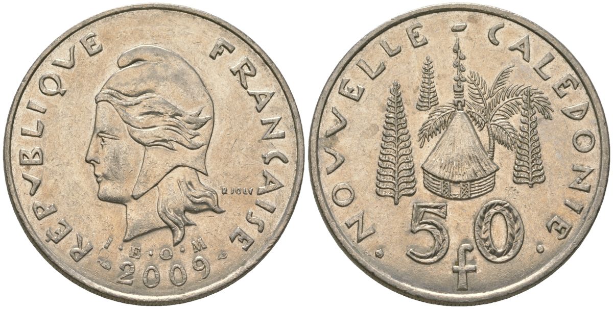 Французская Новая Каледония 50 франков 2009 хижина среди сосен и пальм, (IEOM) KM 13a, Schoen 15a, Lec 128i медно-никель 115-834