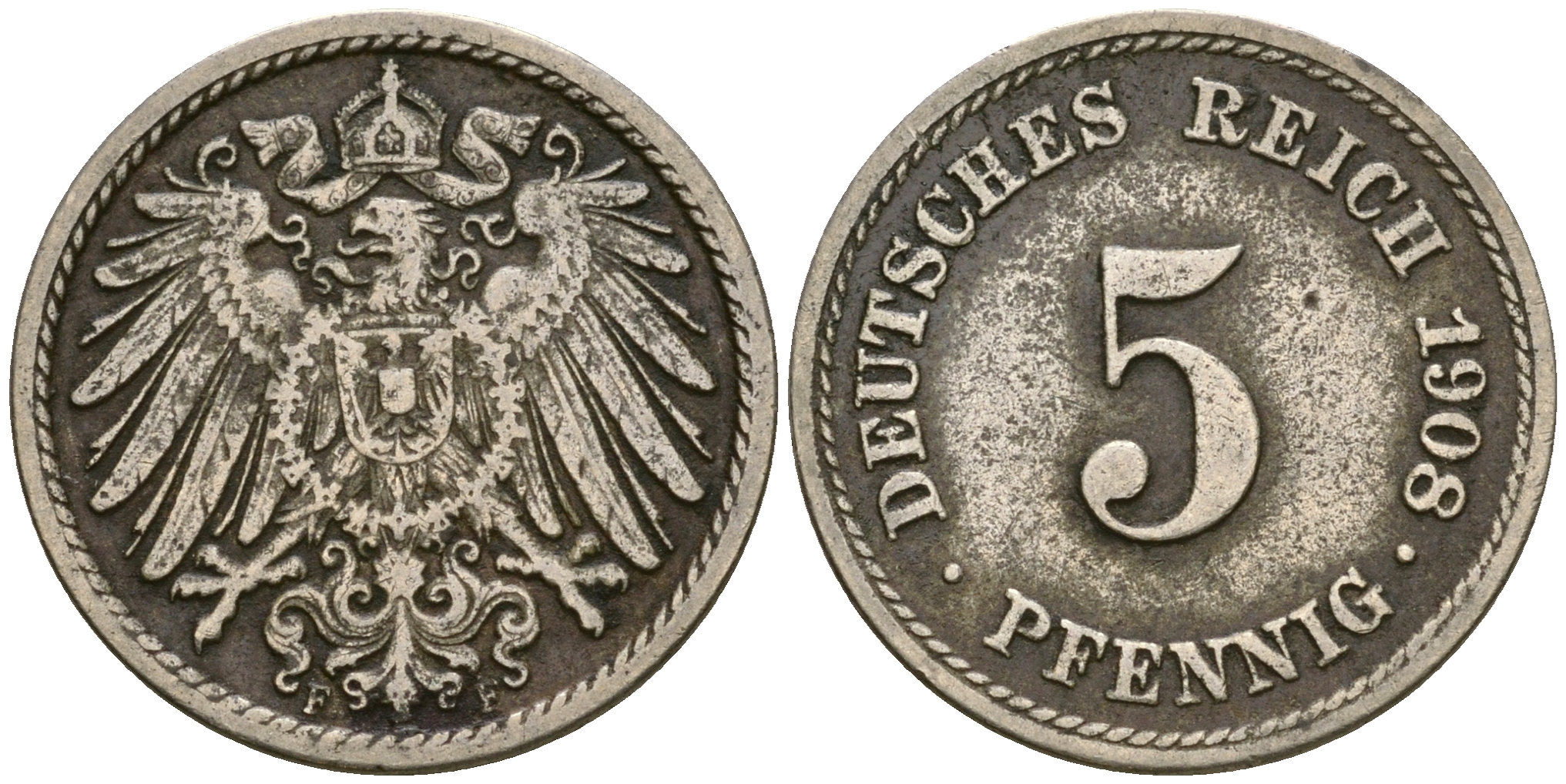 Германия 5 пфеннигов 1908 F KM 11, Jager 12, Weege 6 медно-никель 4364-4545