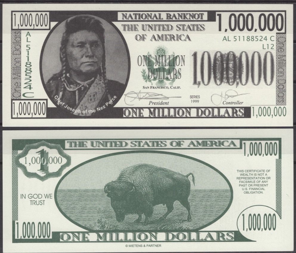 США 1000000 долларов 1999 Вождь Джозеф бумага UNC (пресс) 7196-9-1