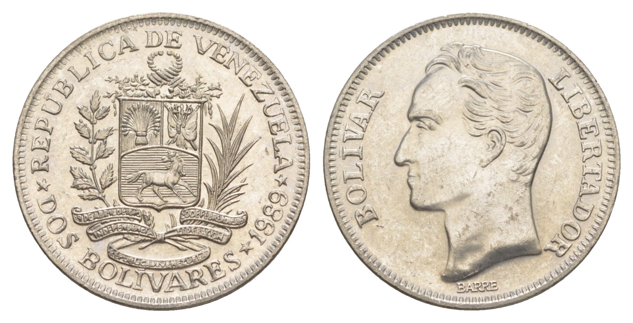 Венесуэла 2 боливара 1989 Симон Боливар Y 43a сталь плакированная никелем 4590-932