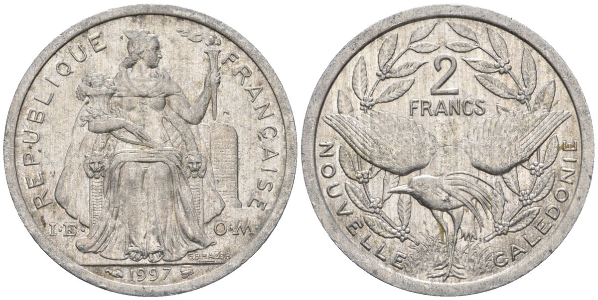 Французская Новая Каледония 2 франка 1997 птица кагу, (IEOM) KM 14, Schoen 11, Lec 68b алюминий    28-314