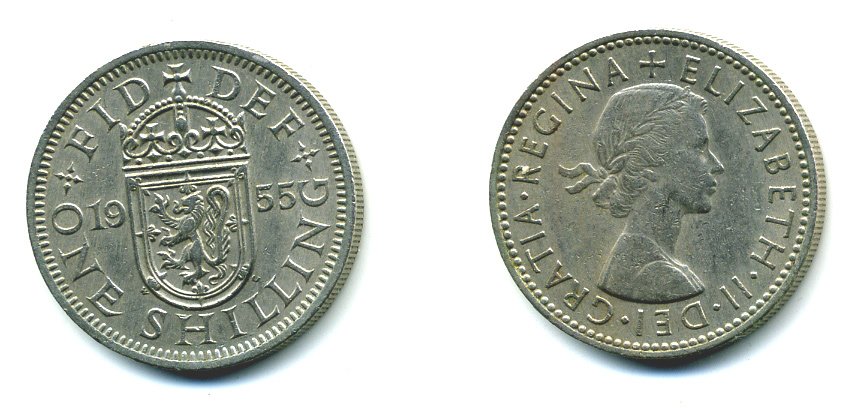 Великобритания 1 шиллинг 1955 Елизавета II (1952-2022), Шотландский герб KM 905, Spink 4148 медно-никель 540-544