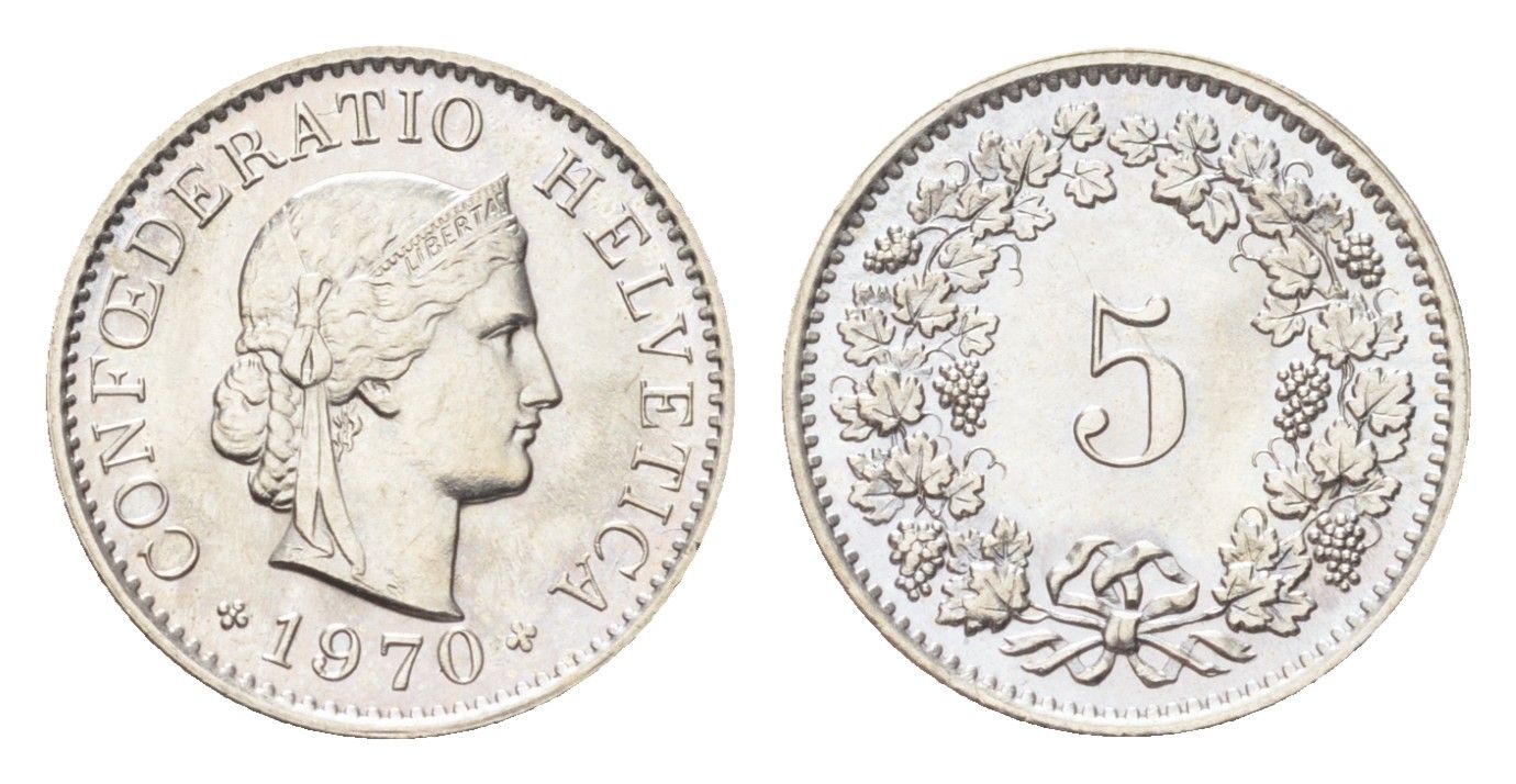 Швейцария 5 раппенов 1970 KM 26 медно-никель 4705-1261