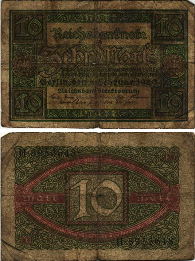 ГЕРМАНИЯ 10 МАРОК 1920 6 ФЕВРАЛЯ 1920, БУКВА F, СЕРИЯ H, СЕМЬ ЦИФР В НОМЕРЕ Pick 67а, Rosenberg 63а бумага 8616-15-1-1